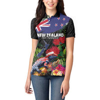 New Zealand Christmas Women Polo Shirt Meri Kirihimete-Tuatara and Pohutukawa Black Color LT03 - Polynesian Pride