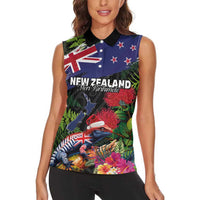 New Zealand Christmas Women Sleeveless Polo Shirt Meri Kirihimete-Tuatara and Pohutukawa Black Color LT03 - Polynesian Pride