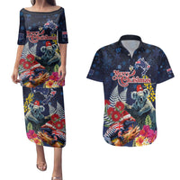 Australia and New Zealand Couples Matching Puletasi and Hawaiian Shirt Merry Christmas-Tuatara and Koala with Plants Xmas Style LT03 Navy - Polynesian Pride