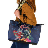 Australia and New Zealand Leather Tote Bag Merry Christmas-Tuatara and Koala with Plants Xmas Style LT03 Navy - Polynesian Pride