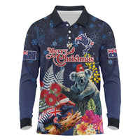 Australia and New Zealand Long Sleeve Polo Shirt Merry Christmas-Tuatara and Koala with Plants Xmas Style LT03 Navy - Polynesian Pride