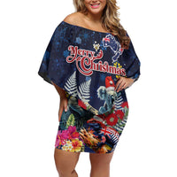 Australia and New Zealand Off Shoulder Short Dress Merry Christmas-Tuatara and Koala with Plants Xmas Style LT03 Women Navy - Polynesian Pride