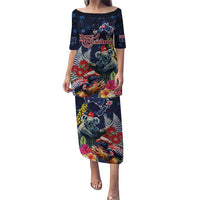 Australia and New Zealand Puletasi Merry Christmas-Tuatara and Koala with Plants Xmas Style LT03 Long Dress Navy - Polynesian Pride
