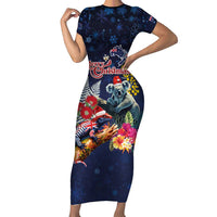 Australia and New Zealand Short Sleeve Bodycon Dress Merry Christmas-Tuatara and Koala with Plants Xmas Style LT03 Long Dress Navy - Polynesian Pride