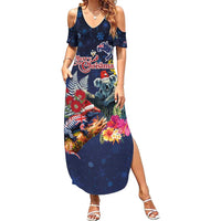 Australia and New Zealand Summer Maxi Dress Merry Christmas-Tuatara and Koala with Plants Xmas Style LT03 Women Navy - Polynesian Pride