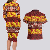 Samoa Siapo and Tapa Couples Matching Long Sleeve Bodycon Dress and Hawaiian Shirt Pacific Tribal Pattern with Hibiscus Striped Style LT03 - Polynesian Pride