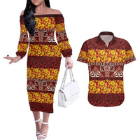 Samoa Siapo and Tapa Couples Matching Off The Shoulder Long Sleeve Dress and Hawaiian Shirt Pacific Tribal Pattern with Hibiscus Striped Style LT03 Red - Polynesian Pride