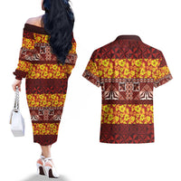 Samoa Siapo and Tapa Couples Matching Off The Shoulder Long Sleeve Dress and Hawaiian Shirt Pacific Tribal Pattern with Hibiscus Striped Style LT03 - Polynesian Pride