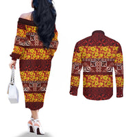 Samoa Siapo and Tapa Couples Matching Off The Shoulder Long Sleeve Dress and Long Sleeve Button Shirt Pacific Tribal Pattern with Hibiscus Striped Style LT03 - Polynesian Pride
