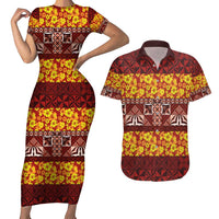 Samoa Siapo and Tapa Couples Matching Short Sleeve Bodycon Dress and Hawaiian Shirt Pacific Tribal Pattern with Hibiscus Striped Style LT03 Red - Polynesian Pride