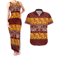 Samoa Siapo and Tapa Couples Matching Tank Maxi Dress and Hawaiian Shirt Pacific Tribal Pattern with Hibiscus Striped Style LT03 Red - Polynesian Pride