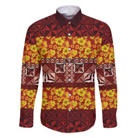 Samoa Siapo and Tapa Family Matching Long Sleeve Bodycon Dress and Hawaiian Shirt Pacific Tribal Pattern with Hibiscus Striped Style LT03 Dad's Shirt - Long Sleeve Red - Polynesian Pride