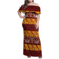 Samoa Siapo and Tapa Family Matching Off Shoulder Maxi Dress and Hawaiian Shirt Pacific Tribal Pattern with Hibiscus Striped Style LT03 Mom's Dress Red - Polynesian Pride
