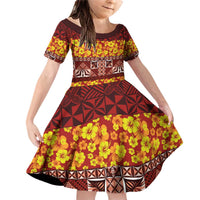 Samoa Siapo and Tapa Family Matching Off Shoulder Short Dress and Hawaiian Shirt Pacific Tribal Pattern with Hibiscus Striped Style LT03 Daughter's Dress Red - Polynesian Pride