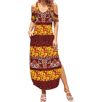 Samoa Siapo and Tapa Family Matching Summer Maxi Dress and Hawaiian Shirt Pacific Tribal Pattern with Hibiscus Striped Style LT03 Mom's Dress Red - Polynesian Pride