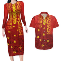 Samoa Tapa Pacific Tribal Pattern Couples Matching Long Sleeve Bodycon Dress and Hawaiian Shirt Hibiscus and Plumeria LT03 Red - Polynesian Pride