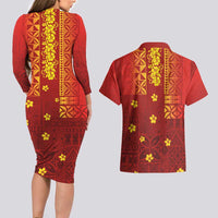 Samoa Tapa Pacific Tribal Pattern Couples Matching Long Sleeve Bodycon Dress and Hawaiian Shirt Hibiscus and Plumeria LT03 - Polynesian Pride
