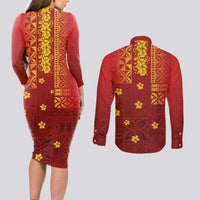 Samoa Tapa Pacific Tribal Pattern Couples Matching Long Sleeve Bodycon Dress and Long Sleeve Button Shirt Hibiscus and Plumeria LT03 - Polynesian Pride
