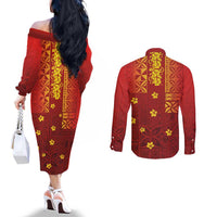 Samoa Tapa Pacific Tribal Pattern Couples Matching Off The Shoulder Long Sleeve Dress and Long Sleeve Button Shirt Hibiscus and Plumeria LT03 - Polynesian Pride