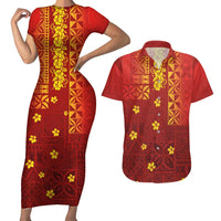 Samoa Tapa Pacific Tribal Pattern Couples Matching Short Sleeve Bodycon Dress and Hawaiian Shirt Hibiscus and Plumeria LT03 Red - Polynesian Pride