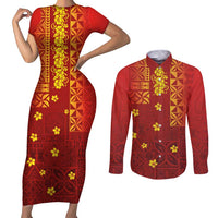 Samoa Tapa Pacific Tribal Pattern Couples Matching Short Sleeve Bodycon Dress and Long Sleeve Button Shirt Hibiscus and Plumeria LT03 Red - Polynesian Pride