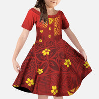 Samoa Tapa Pacific Tribal Pattern Family Matching Off The Shoulder Long Sleeve Dress and Hawaiian Shirt Hibiscus and Plumeria LT03 Daughter's Dress Red - Polynesian Pride