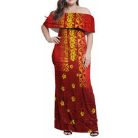 Samoa Tapa Pacific Tribal Pattern Family Matching Off Shoulder Maxi Dress and Hawaiian Shirt Hibiscus and Plumeria LT03 Mom's Dress Red - Polynesian Pride