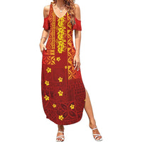 Samoa Tapa Pacific Tribal Pattern Family Matching Summer Maxi Dress and Hawaiian Shirt Hibiscus and Plumeria LT03 Mom's Dress Red - Polynesian Pride