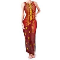Samoa Tapa Pacific Tribal Pattern Family Matching Tank Maxi Dress and Hawaiian Shirt Hibiscus and Plumeria LT03 Mom's Dress Red - Polynesian Pride