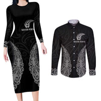 New Zealand Netball Couples Matching Long Sleeve Bodycon Dress and Long Sleeve Button Shirt Koru and Maori Tattoo Jersey LT03 Black - Polynesian Pride