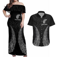 New Zealand Netball Couples Matching Off Shoulder Maxi Dress and Hawaiian Shirt Koru and Maori Tattoo Jersey LT03 Black - Polynesian Pride