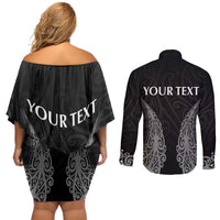 New Zealand Netball Couples Matching Off Shoulder Short Dress and Long Sleeve Button Shirt Koru and Maori Tattoo Jersey LT03 - Polynesian Pride