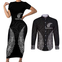 New Zealand Netball Couples Matching Short Sleeve Bodycon Dress and Long Sleeve Button Shirt Koru and Maori Tattoo Jersey LT03 Black - Polynesian Pride