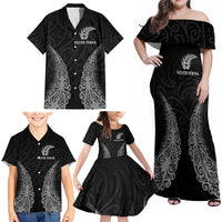New Zealand Netball Family Matching Off Shoulder Maxi Dress and Hawaiian Shirt Koru and Maori Tattoo Jersey LT03 - Polynesian Pride