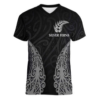 New Zealand Netball Women V-Neck T-Shirt Koru and Maori Tattoo Jersey LT03 Female Black - Polynesian Pride