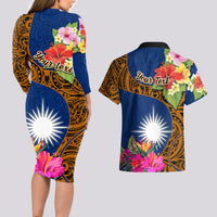 Personalised Marshall Islands Manit Day Couples Matching Long Sleeve Bodycon Dress and Hawaiian Shirt Marshall Seal Mix Hibiscus Flower Maori Pattern Style LT03 - Polynesian Pride