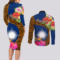 Personalised Marshall Islands Manit Day Couples Matching Long Sleeve Bodycon Dress and Long Sleeve Button Shirts Marshall Seal Mix Hibiscus Flower Maori Pattern Style LT03 - Polynesian Pride