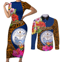 Personalised Marshall Islands Manit Day Couples Matching Short Sleeve Bodycon Dress and Long Sleeve Button Shirts Marshall Seal Mix Hibiscus Flower Maori Pattern Style LT03 Blue - Polynesian Pride