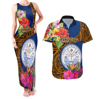 Personalised Marshall Islands Manit Day Couples Matching Tank Maxi Dress and Hawaiian Shirt Marshall Seal Mix Hibiscus Flower Maori Pattern Style LT03 Blue - Polynesian Pride