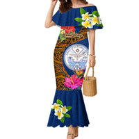 Personalised Marshall Islands Manit Day Family Matching Mermaid Dress and Hawaiian Shirt Marshall Seal Mix Hibiscus Flower Maori Pattern Style LT03 Mom's Dress Blue - Polynesian Pride
