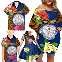 Personalised Marshall Islands Manit Day Family Matching Off Shoulder Short Dress and Hawaiian Shirt Marshall Seal Mix Hibiscus Flower Maori Pattern Style LT03 - Polynesian Pride