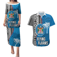Fiji Rugby Couples Matching Puletasi Dress and Hawaiian Shirt Coat of Arms Palm Tree Mix Polynesia Tapa Pattern LT03 Blue - Polynesian Pride