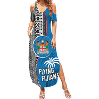 Fiji Rugby Family Matching Summer Maxi Dress and Hawaiian Shirt Coat of Arms Palm Tree Mix Polynesia Tapa Pattern LT03 Mom's Dress Blue - Polynesian Pride