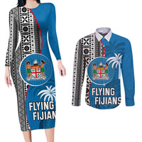 Custom Fiji Rugby Couples Matching Long Sleeve Bodycon Dress and Long Sleeve Button Shirts Coat of Arms Palm Tree Mix Polynesia Tapa Pattern LT03 Blue - Polynesian Pride