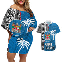 Custom Fiji Rugby Couples Matching Off Shoulder Short Dress and Hawaiian Shirt Coat of Arms Palm Tree Mix Polynesia Tapa Pattern LT03 Blue - Polynesian Pride