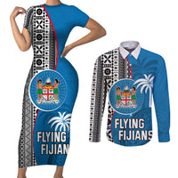 Custom Fiji Rugby Couples Matching Short Sleeve Bodycon Dress and Long Sleeve Button Shirts Coat of Arms Palm Tree Mix Polynesia Tapa Pattern LT03 Blue - Polynesian Pride