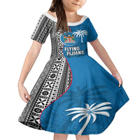Custom Fiji Rugby Family Matching Off Shoulder Long Sleeve Dress and Hawaiian Shirt Coat of Arms Palm Tree Mix Polynesia Tapa Pattern LT03 Daughter's Dress Blue - Polynesian Pride