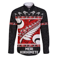 Personalized New Zealand Christmas Family Matching Off Shoulder Long Sleeve Dress and Hawaiian Shirt Santa Haka Fern and Kiwi Bird Tino Rangatiratanga Maori Flag Style LT03 Dad's Shirt - Long Sleeve Black - Polynesian Pride