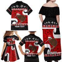 Personalized New Zealand Christmas Family Matching Off Shoulder Maxi Dress and Hawaiian Shirt Santa Haka Fern and Kiwi Bird Tino Rangatiratanga Maori Flag Style LT03 - Polynesian Pride