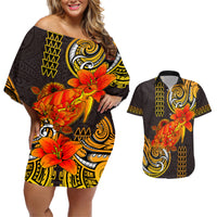 Hawaii Turtle Hibiscus Flower Couples Matching Off Shoulder Short Dress and Hawaiian Shirt Polynesian Tattoo LT03 Black - Polynesian Pride
